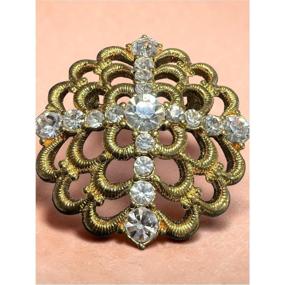 Monet Women Gold Tone Crystal Floral Brooch Vintage Statement Pin Elegant